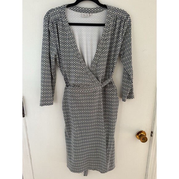 ELLIE KAI Women’s 2 Wrap Dress Black/Blue White V-Neck 3/4 Sleeve Knee Length - Picture 1 of 7